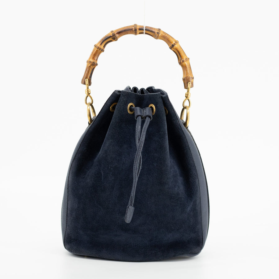 Gucci Navy Bamboo Suede x Leather Drawstring 2WAY Shoulder Bag #1881