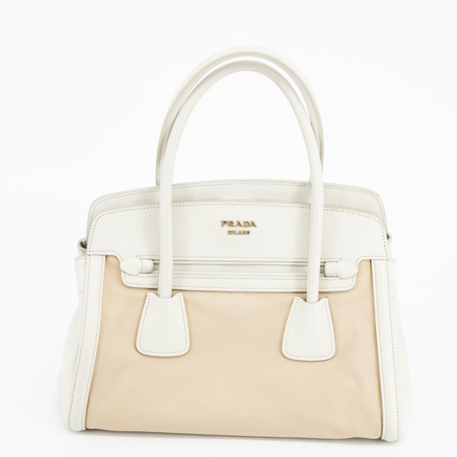 Prada Beige/White Saffiano Cuir-Trimmed Canapa Tote #1920