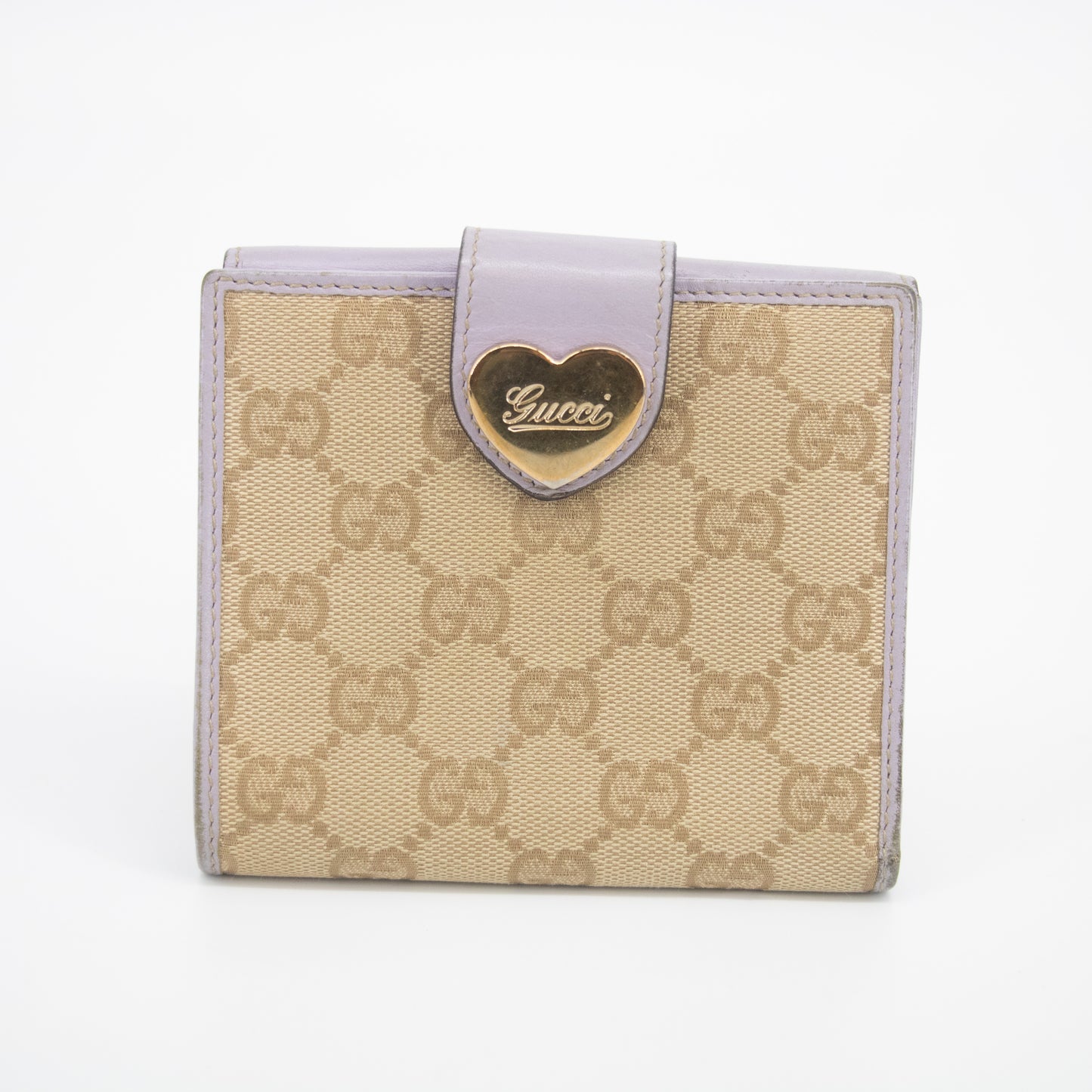 Gucci Beige x Light Purple GG Canvas x Leather Heart Compact Wallet #2037