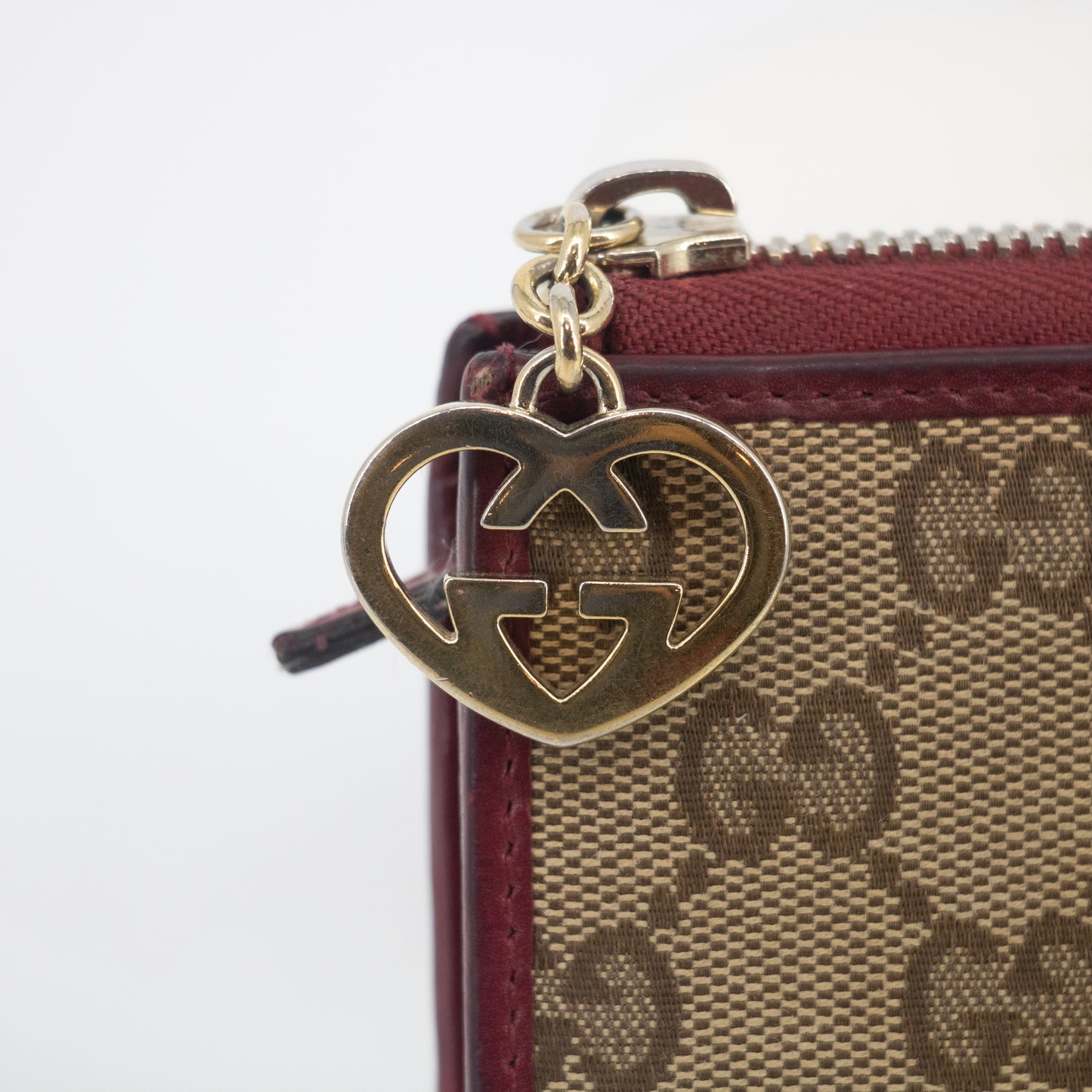 Gucci Brown GG Canvas x Leather Heart Round Zipper Long Wallet #2052