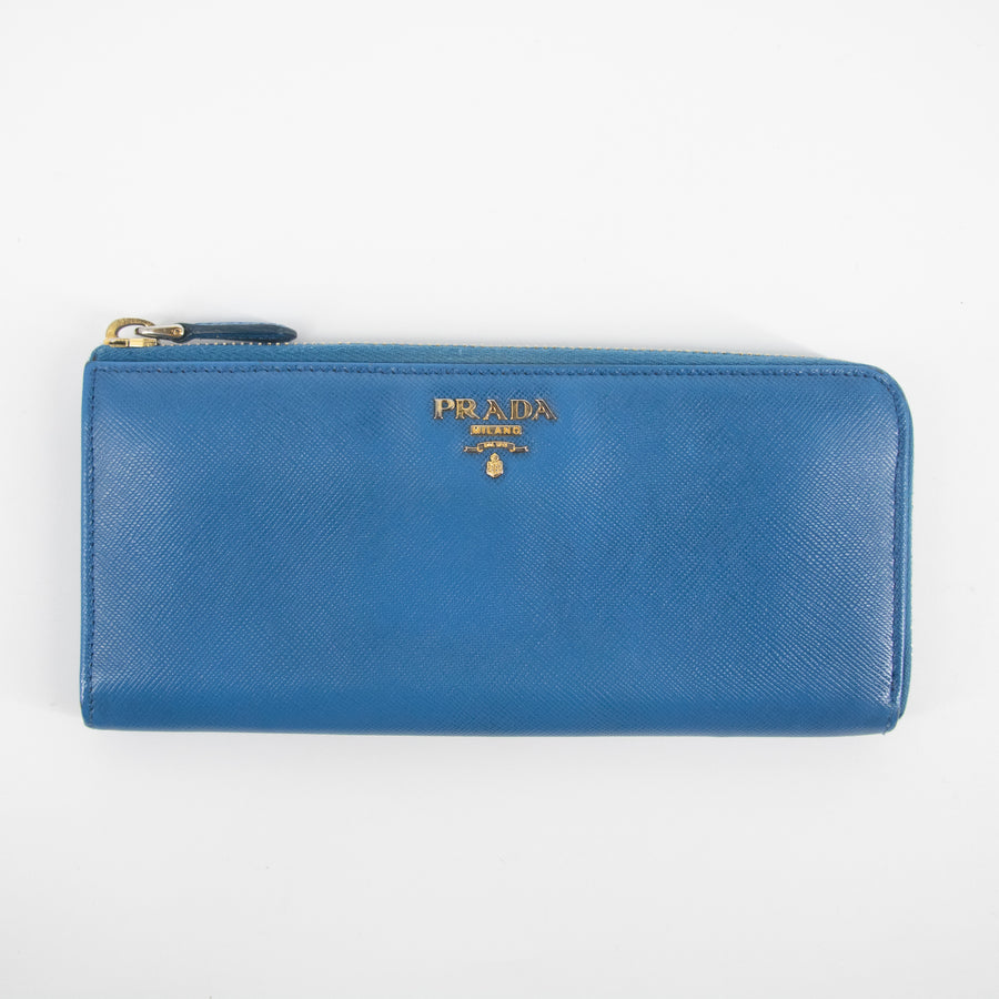 Prada Saffiano Leather Blue Zip Around Long Wallet #2185