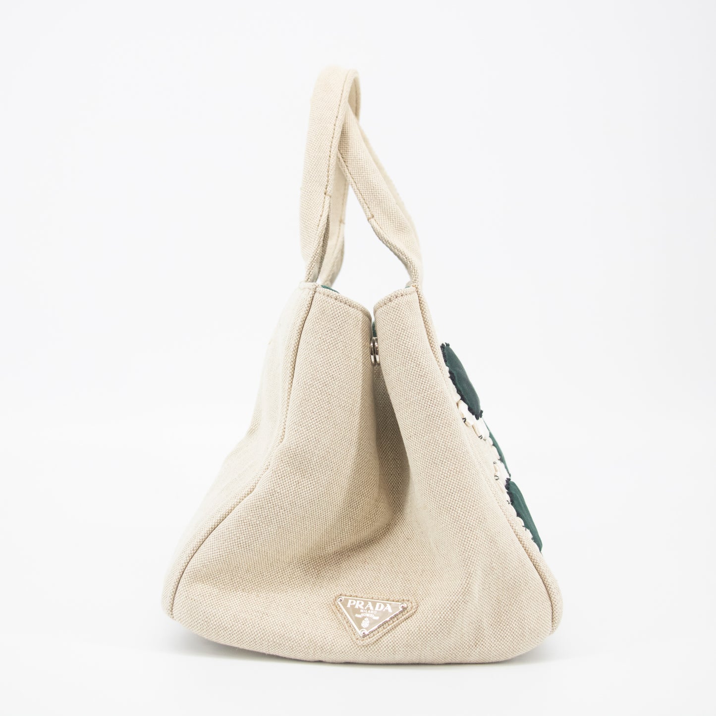 Prada Beige x Green Canapa Canvas x Satin Flower Tote Bag #2265