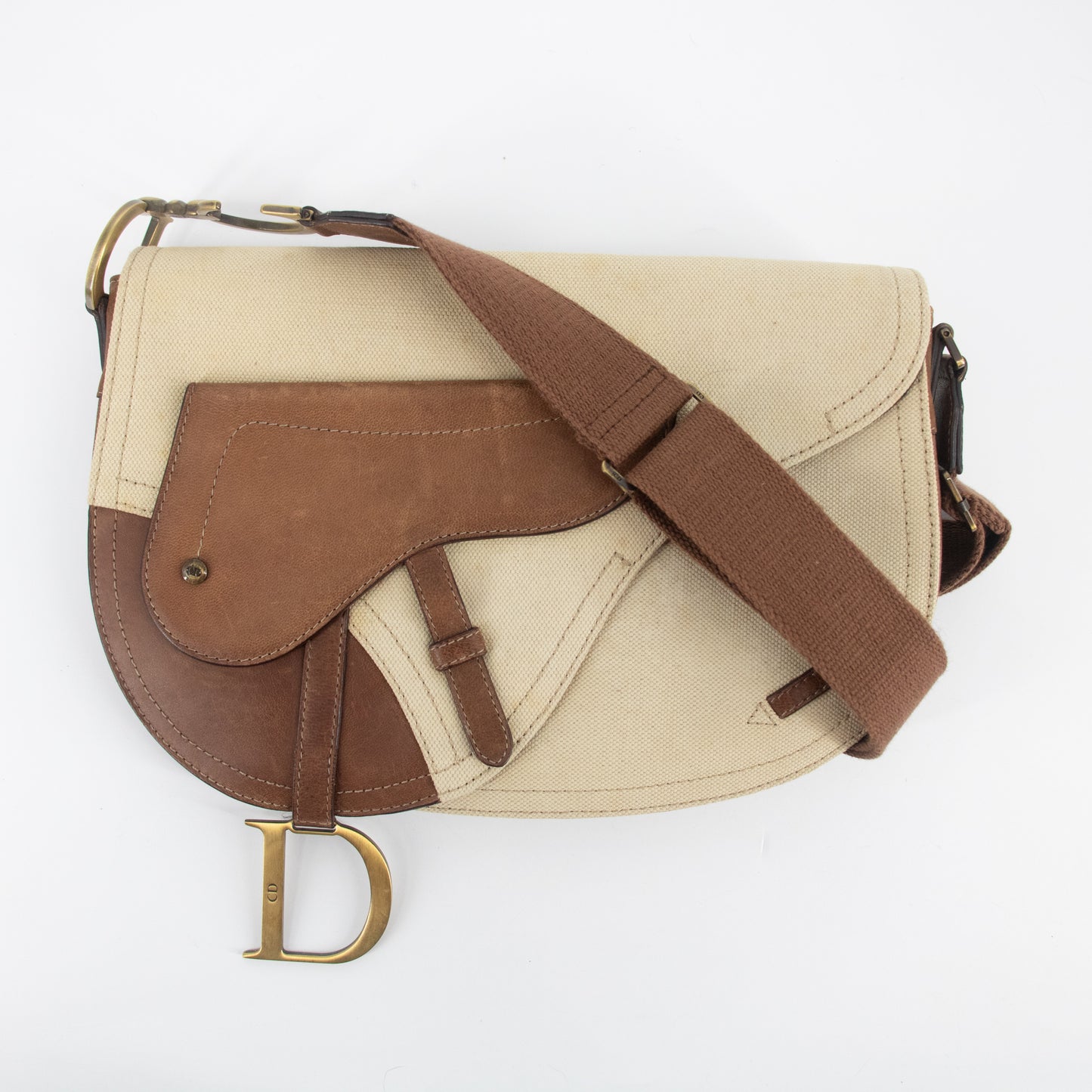 Christian Dior Ivory x Brown Saddle Canvas x Leather Crossbody #2280