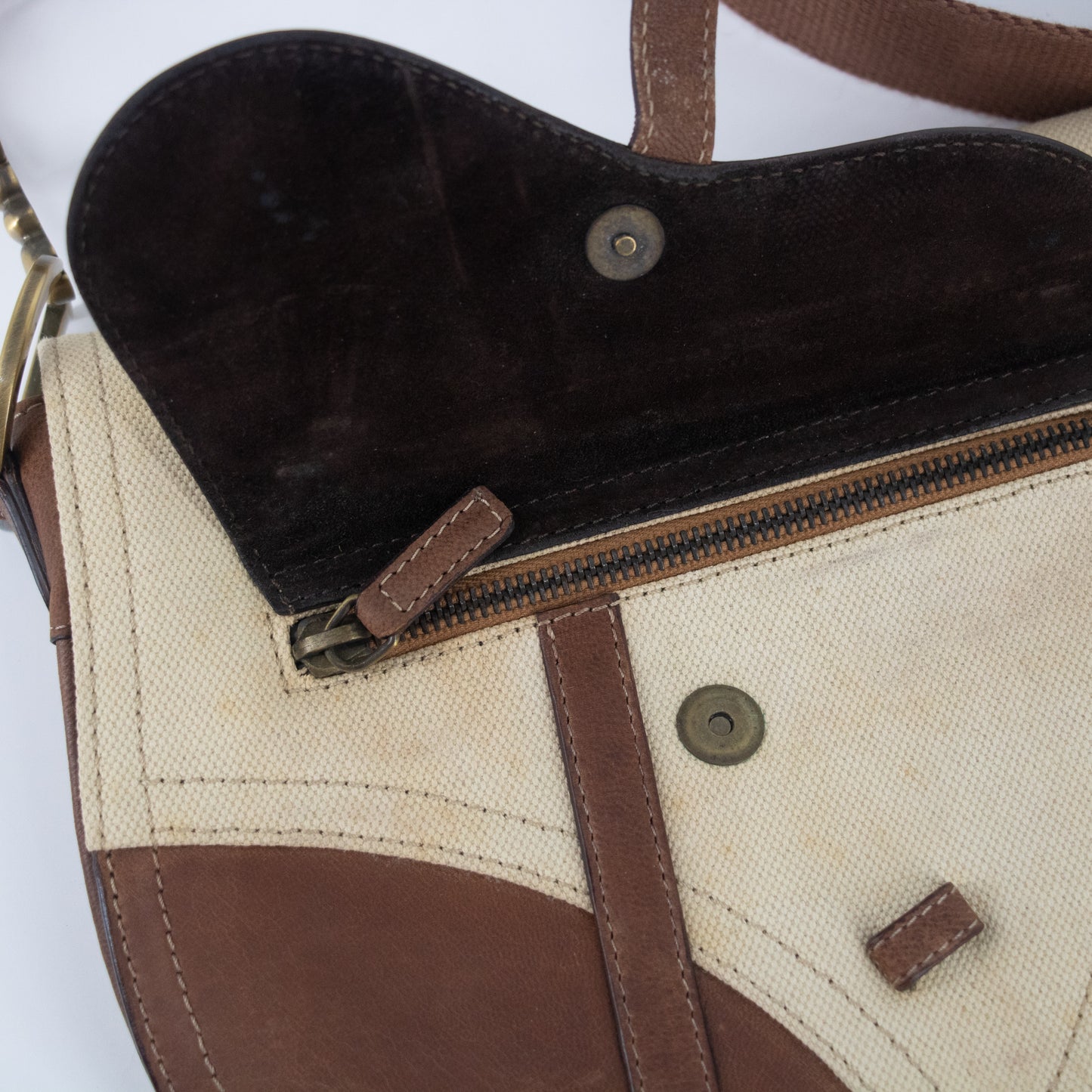 Christian Dior Ivory x Brown Saddle Canvas x Leather Crossbody #2280