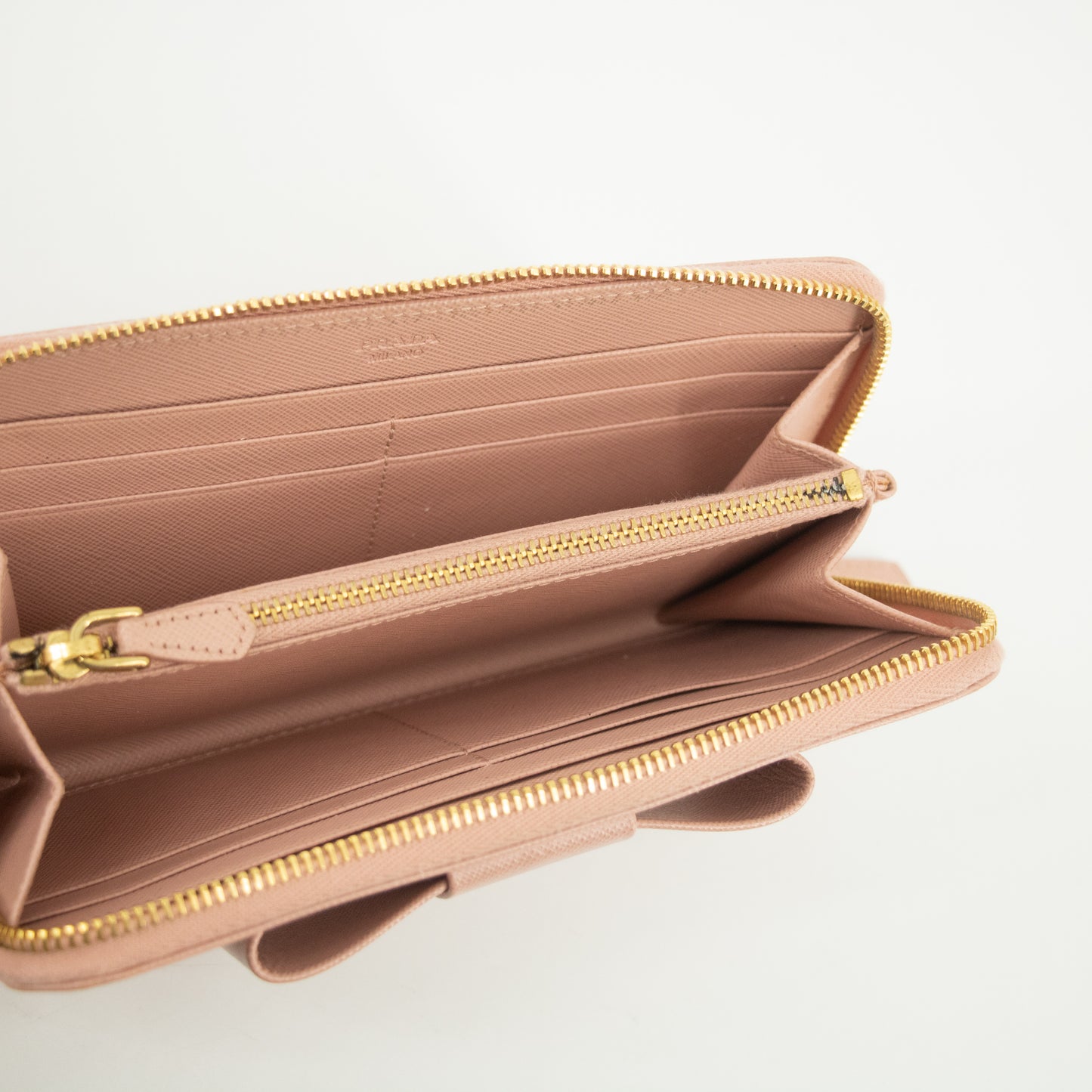 Prada Pink Saffiano Leather Ribbon Round Zipper Long Wallet #2383