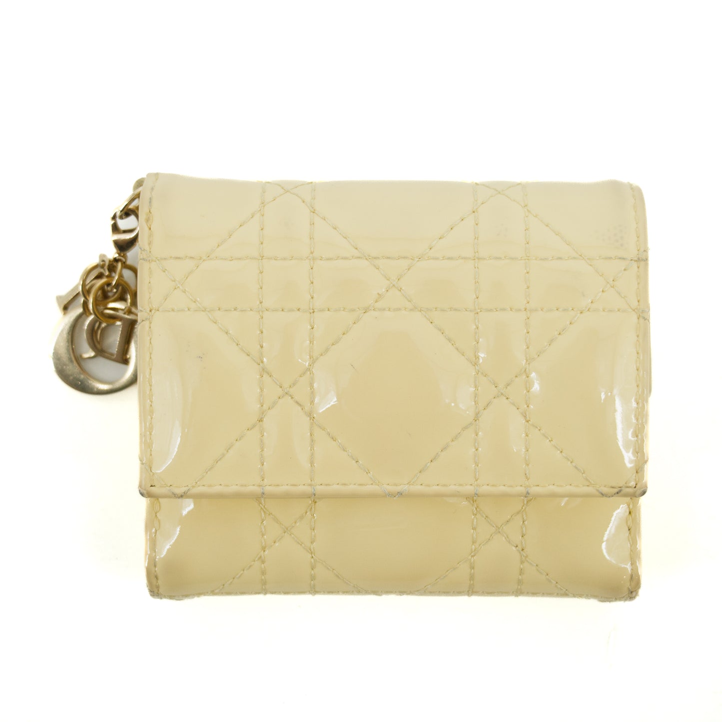 Christian Dior Cream Lady Dior Cannage Patent Leather Compact Wallet #2656
