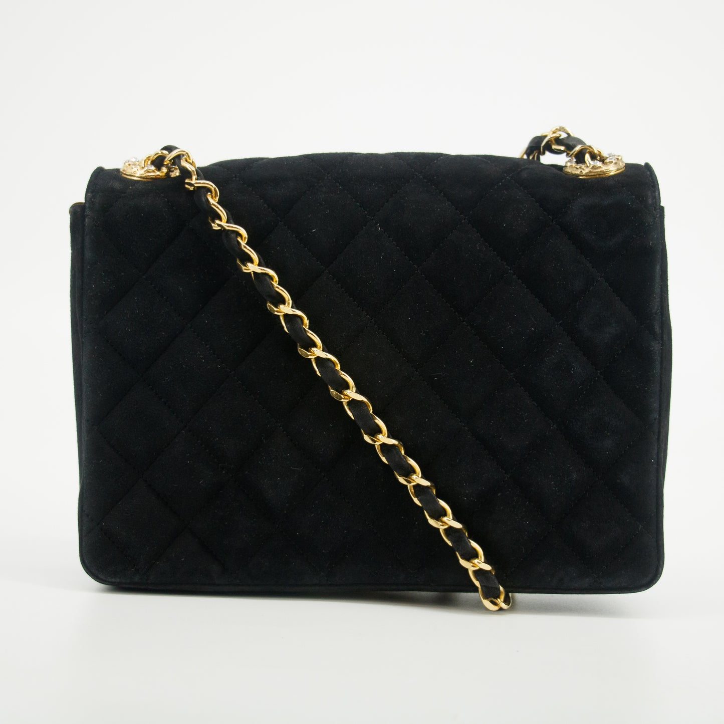 Chanel Coco Rinestone Chain Shoulder Bag Black Satin #2671