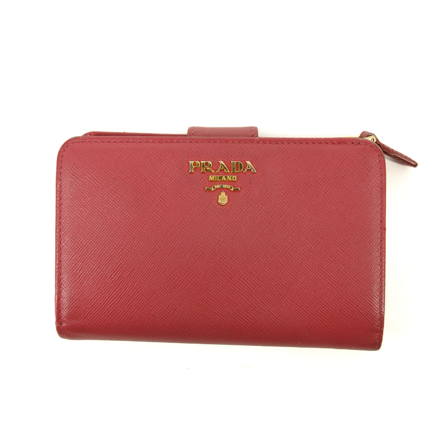 Prada Saffiano Lux Bifold Leather Hot Pink Zip Wallet #3085