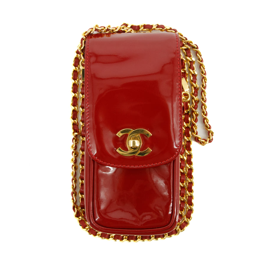 Chanel Chain Phone Case Red Patent Leather Shoulder Bag #3428
