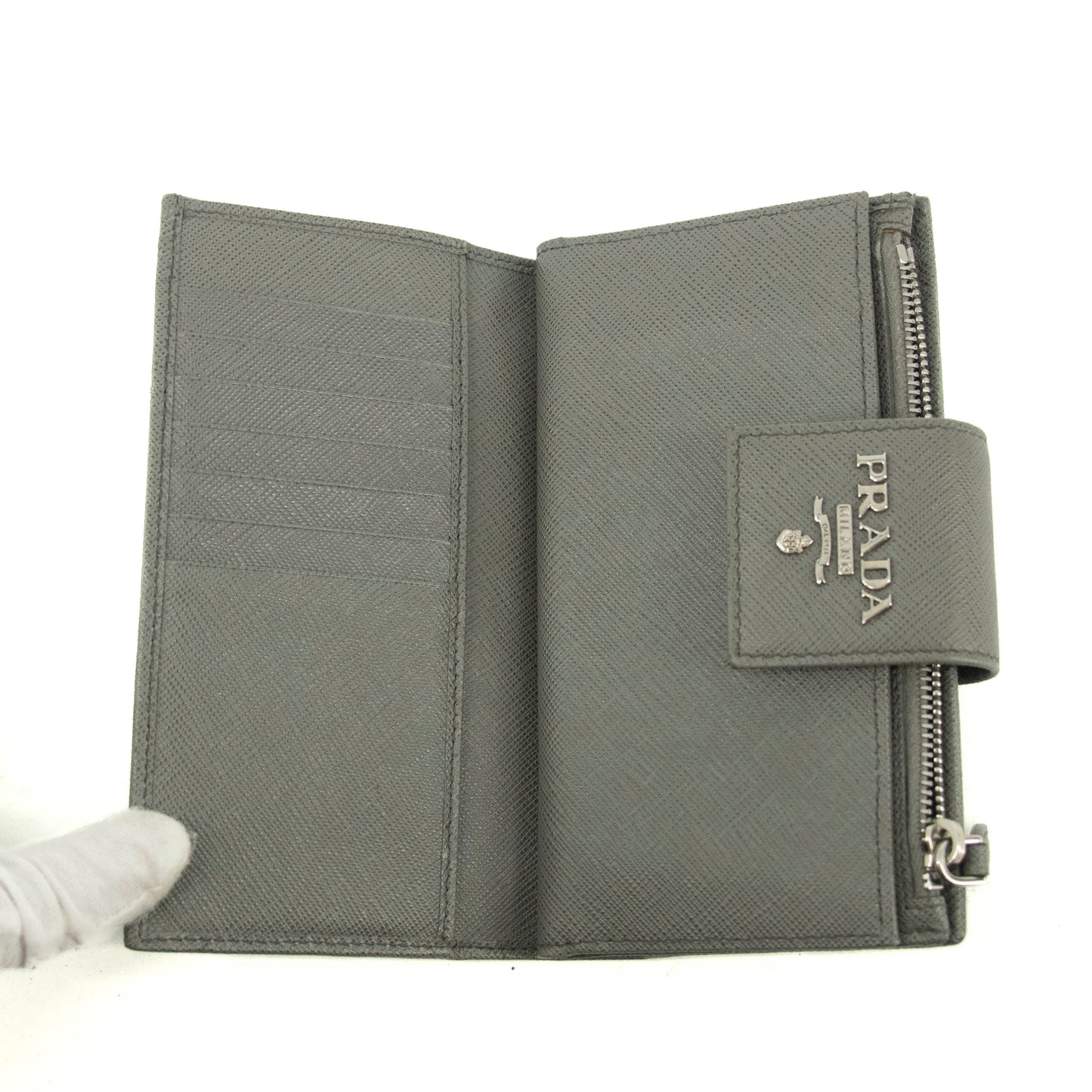 Prada Saffiano Leather Grey Metal Medium Wallet #3918