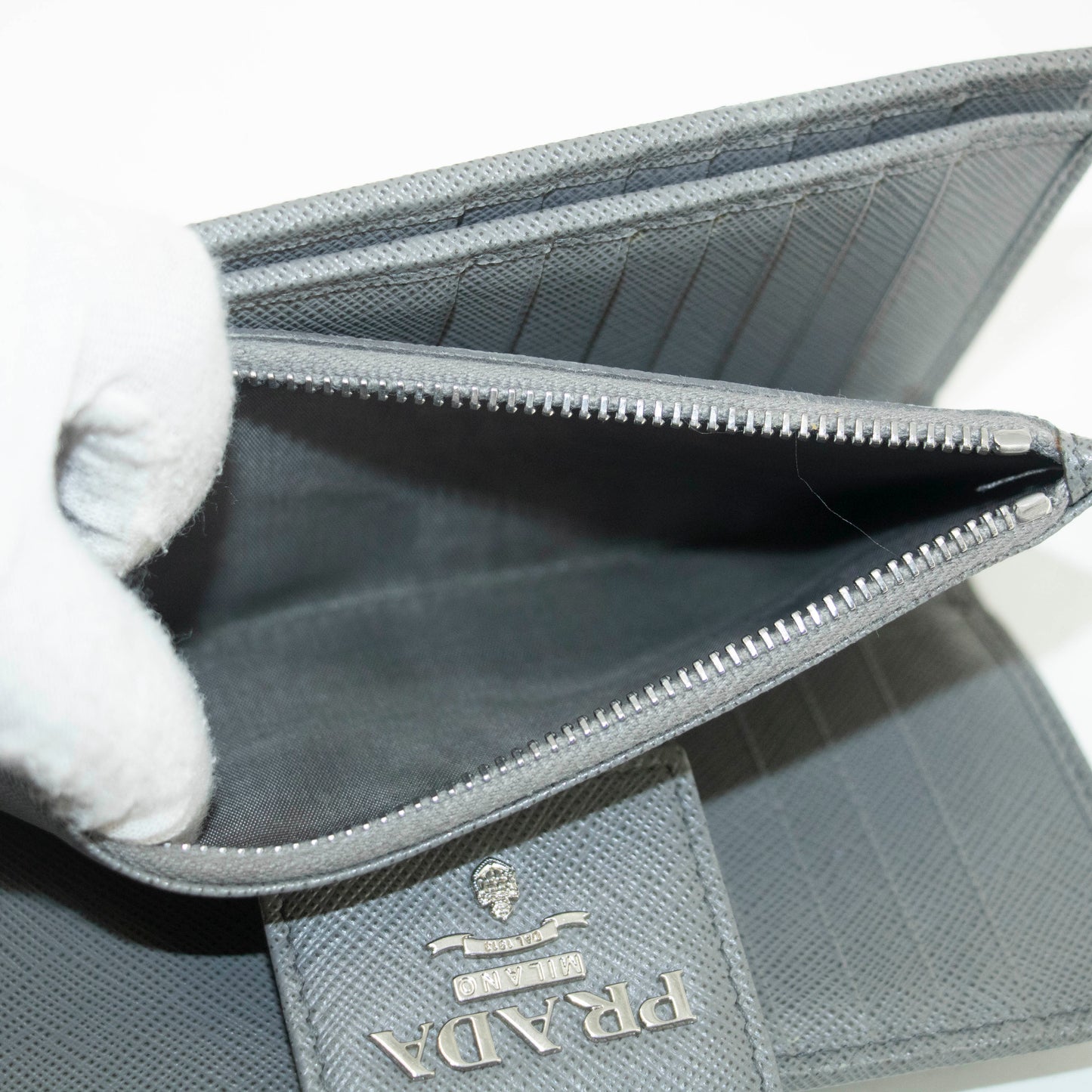 Prada Saffiano Leather Grey Metal Medium Wallet #3918