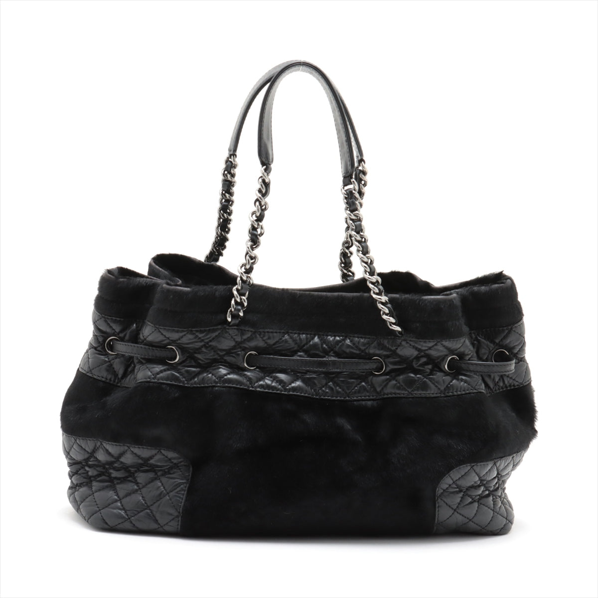 Chanel Matelasse Leather & Cowhide Chain Shoulder Bag Black Silver Metal Fittings 10754134-#2483
