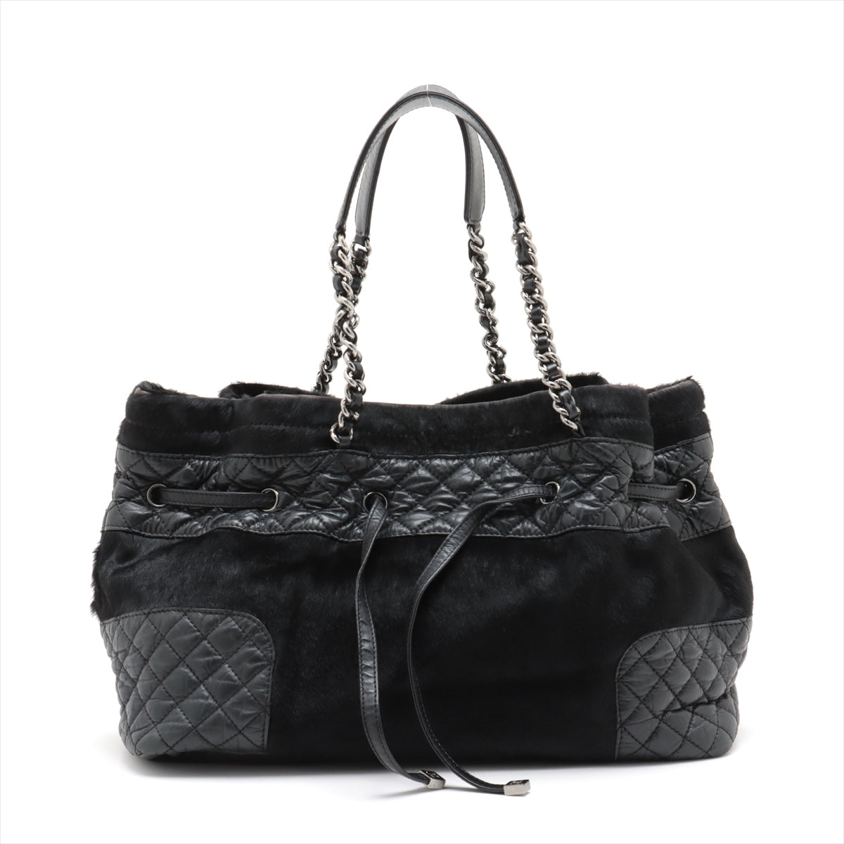 Chanel Matelasse Leather & Cowhide Chain Shoulder Bag Black Silver Metal Fittings 10754134-#2483