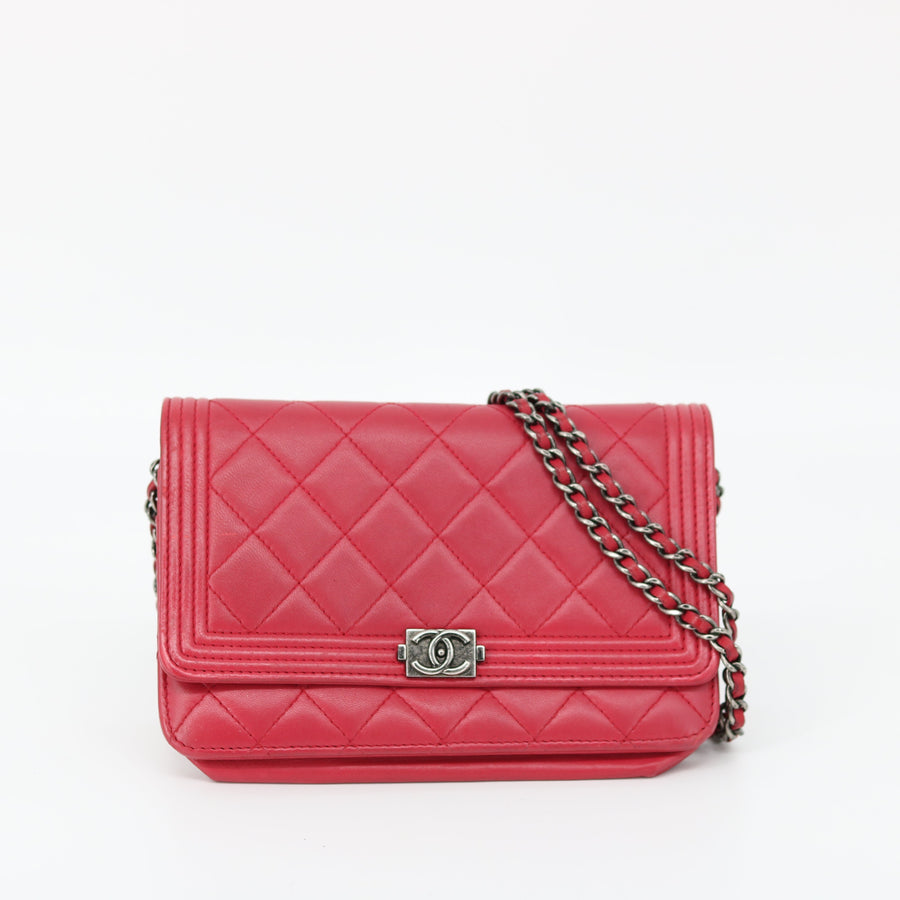 Chanel Red Matelasse Leather Boy Wallet On Chain Crossbody #1510