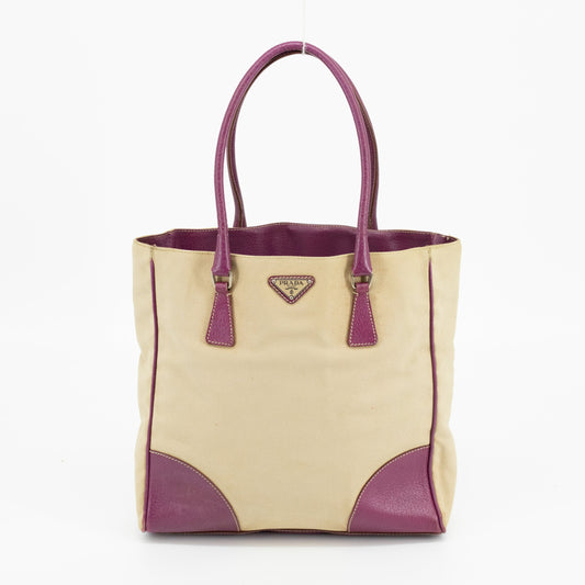 Prada Canvas x Leather Beige x Purple Tote Bag #1743