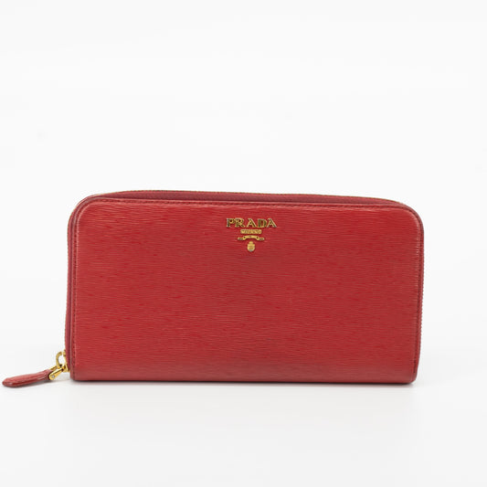 Prada Red Leather Front Logo Zip Around Wallet #1856