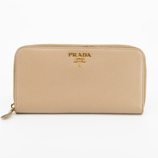 Prada Beige Leather Round Zipper Long Wallet #1878