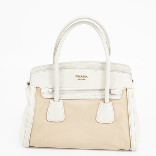 Prada Beige/White Saffiano Cuir-Trimmed Canapa Tote #1920