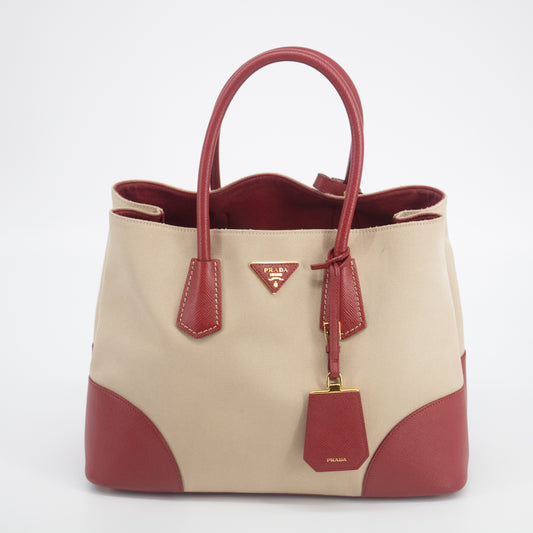 Prada Triango Logo Tote Bag Beige w/ Red Trim #2084