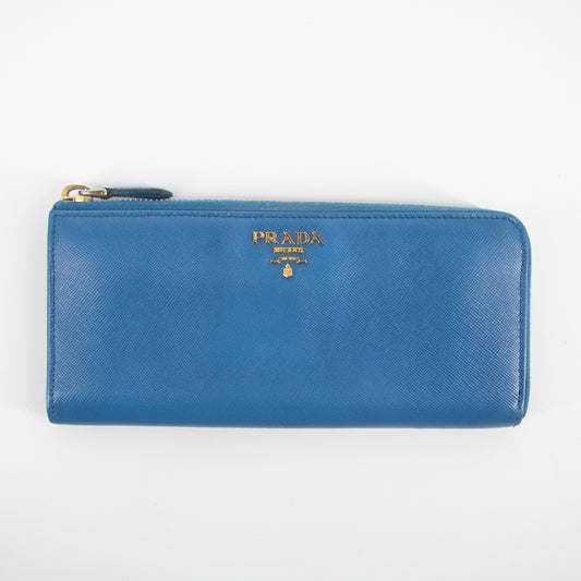 Prada Saffiano Leather Blue Zip Around Long Wallet #2185