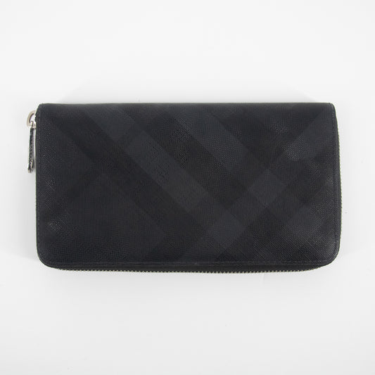 Burberry Black Leather Plaid Zip Around Wallet #2194