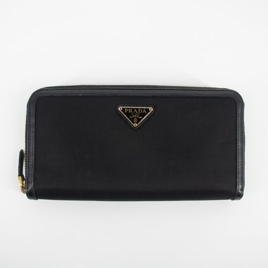 Prada Nylon Tessuto Black Triangular Logo Zip Around Wallet #2197