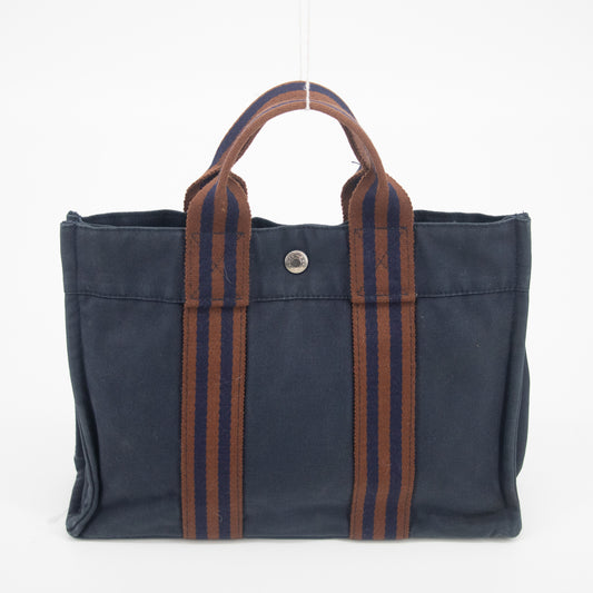 Hermes Navy Canvas Fourre-Tout PM w/ Orange Tote Bag  #2206