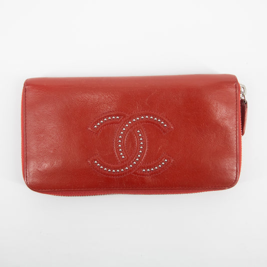 Chanel Red Coco Mark Lambskin Studs Round Zipper Long Wallet  #2241