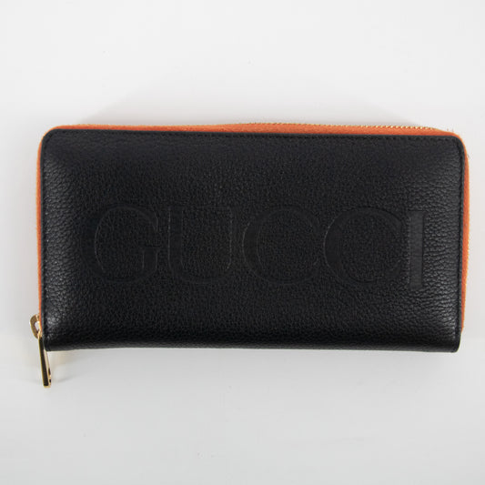 Gucci Black Logo Zip Around Wallet w/ Orange Trim #2310