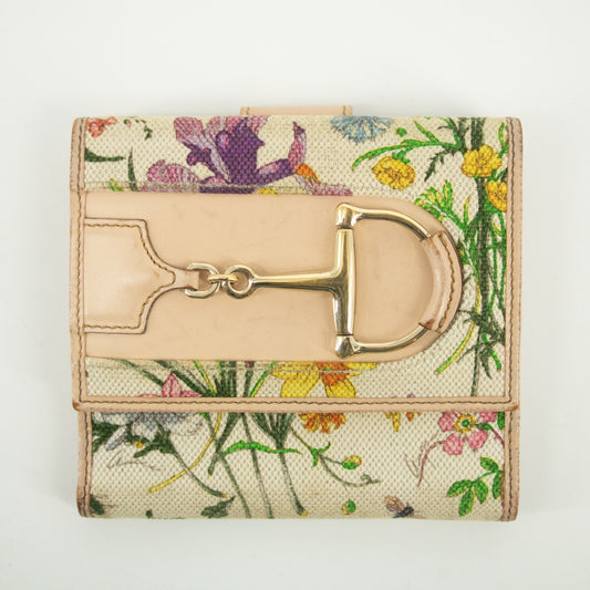 Gucci Pink Canvas x Leather Horsebit Floral Compact Wallet #2372