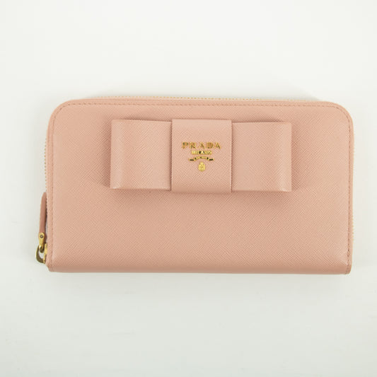 Prada Pink Saffiano Leather Ribbon Round Zipper Long Wallet #2383