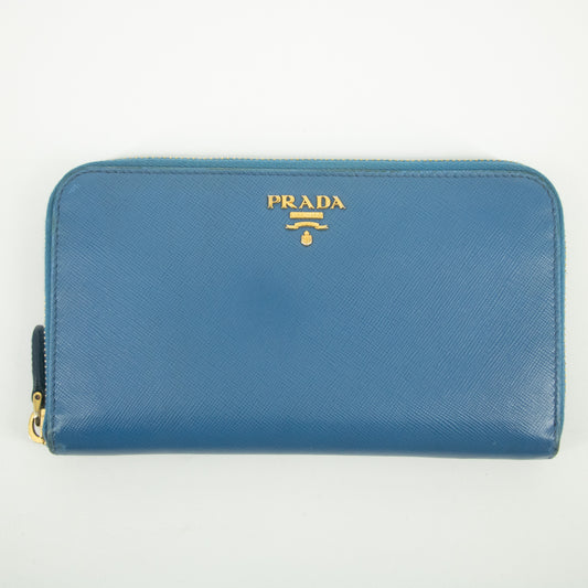 Prada Blue Saffiano Leather Round Zipper Long Wallet #2385