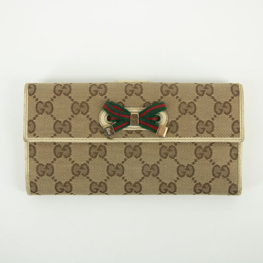 Gucci Beige Sherry Line GG Canvas x Leather Ribbon Long Wallet #2412