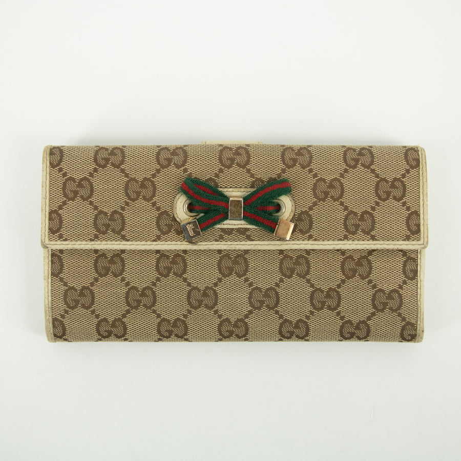 Gucci Beige Sherry Line GG Canvas x Leather Ribbon Long Wallet #2412