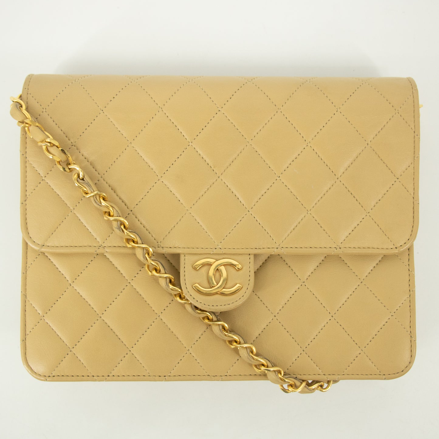 Chanel Lamb Skin Beige Single Flap Gold Hardware Shoulder Bag #2545