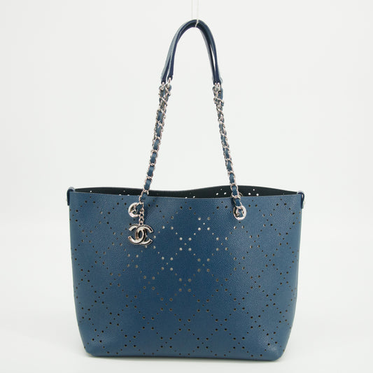 Chanel Perforated Caviar Skin Leather Tote Bag Blue 23 Series #2626