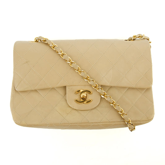 Chanel Lambskin Double Flap 23 Beige 24k Gold Turn Lock Shoulder Bag  #2672