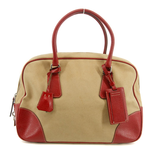 Prada Cinghiale Trimmed Canapa Handbag Beige / Red #2850