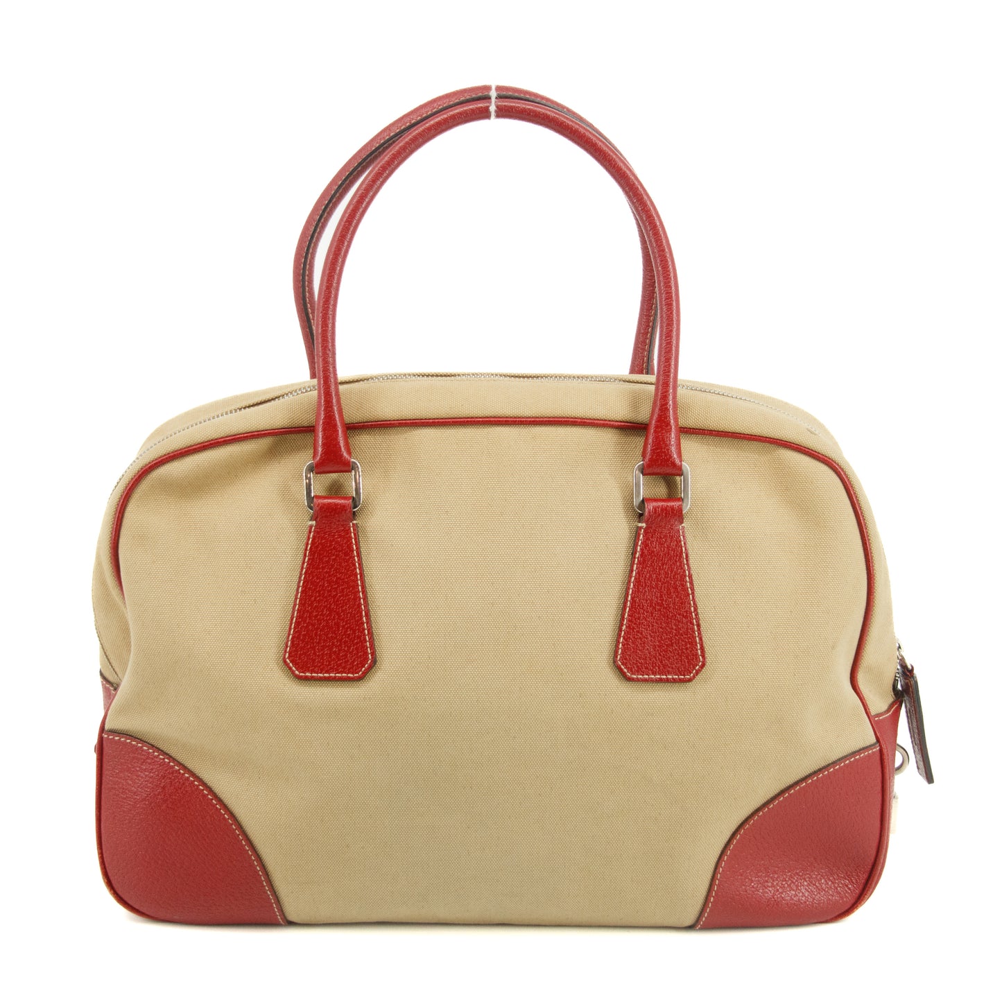 Prada Cinghiale Trimmed Canapa Handbag Beige / Red #2850