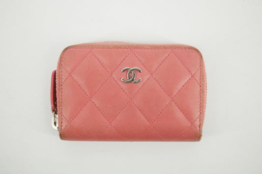 Chanel CC Lambskin Quilted Pink Compact Zip Wallet #3011