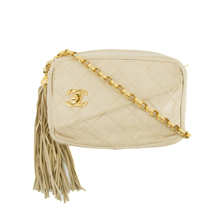 Chanel Matelasse Quilted Lambskin Beige Tassel Camera Shoulder Bag #3770
