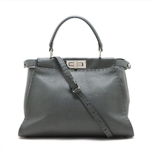 Fendi Peekaboo Regular Selleria Leather 2 Way Handbag Gray 8BN226 #1724