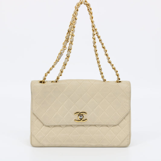 Chanel Beige Quilted Lambskin Matelasse Half Flap Bag