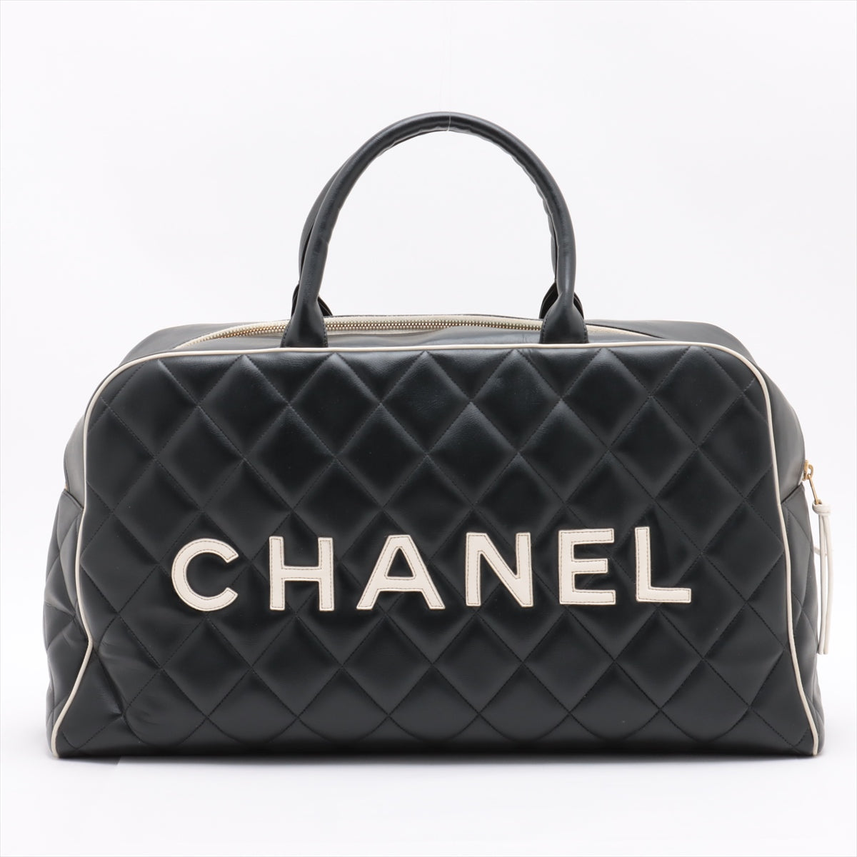 Chanel Logo Matelasse Black Quilted Calfskin Bowler Boston Bag #2424