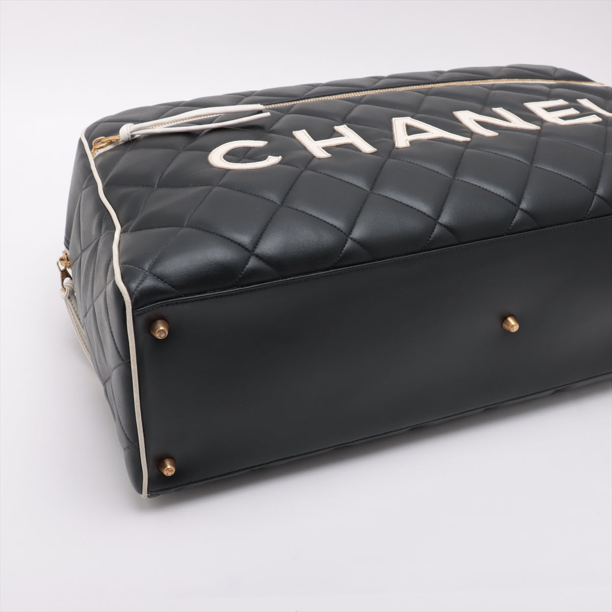 Chanel Logo Matelasse Black Quilted Calfskin Bowler Boston Bag #2424