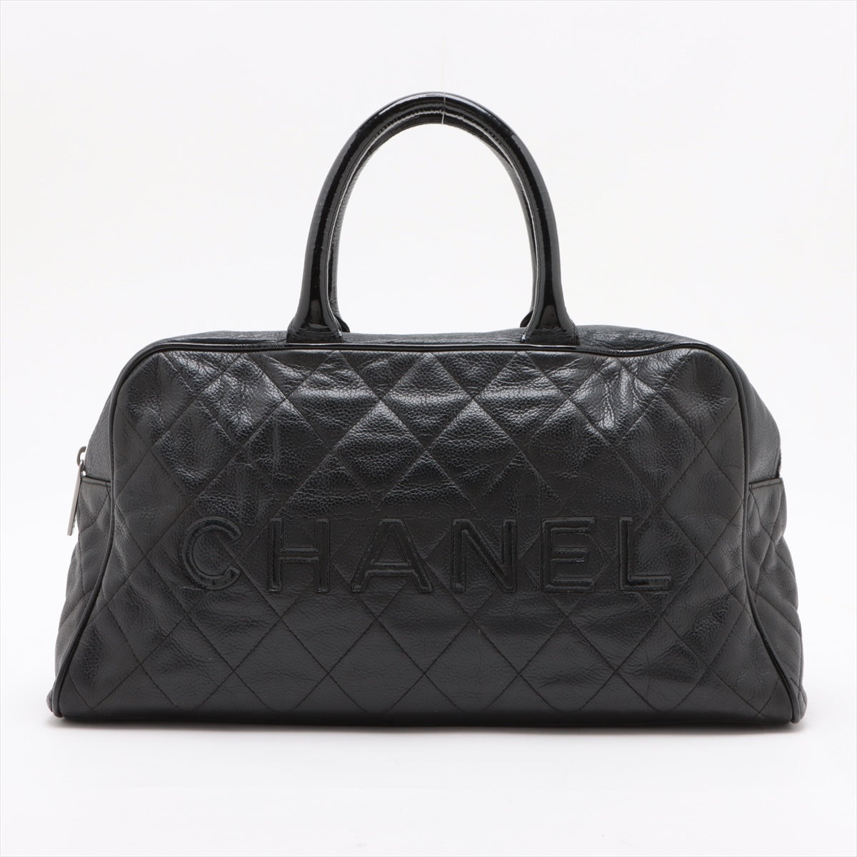 Chanel Logo Matelasse Black Quilted Caviar Skin Bowler Boston Bag #2498