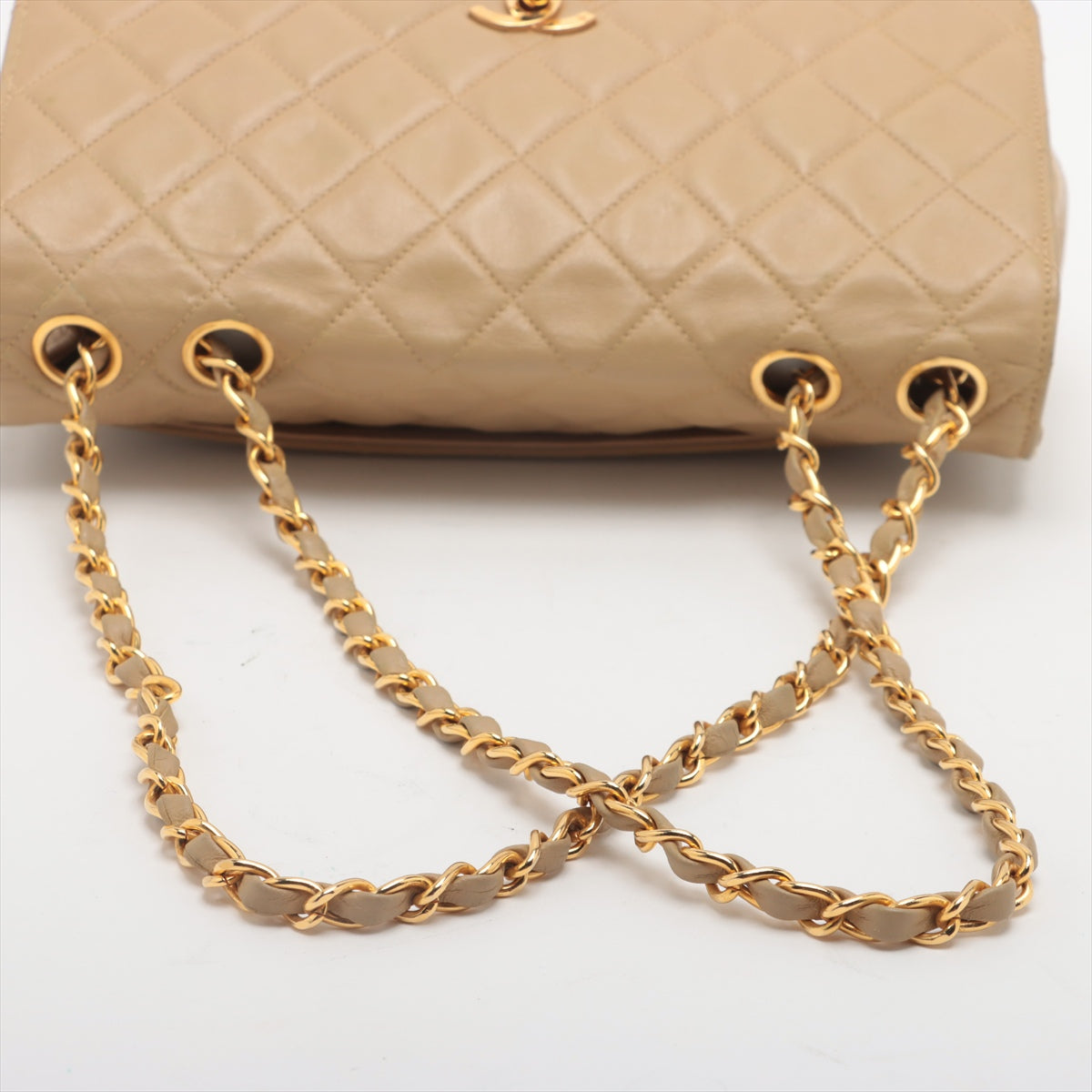 Chanel Matelasse Lambskin Single Flap Double Chain Bag Beige Gold Hardware 2 Series-#2892