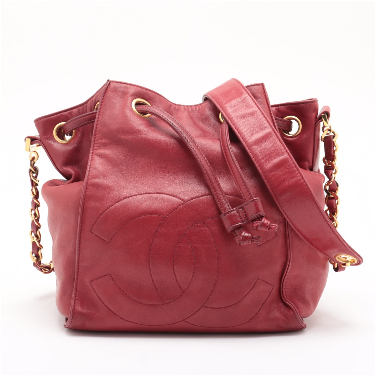 Chanel Lambskin CC Cocomark Drawstring Bucket Bag 3 Series Red #2911